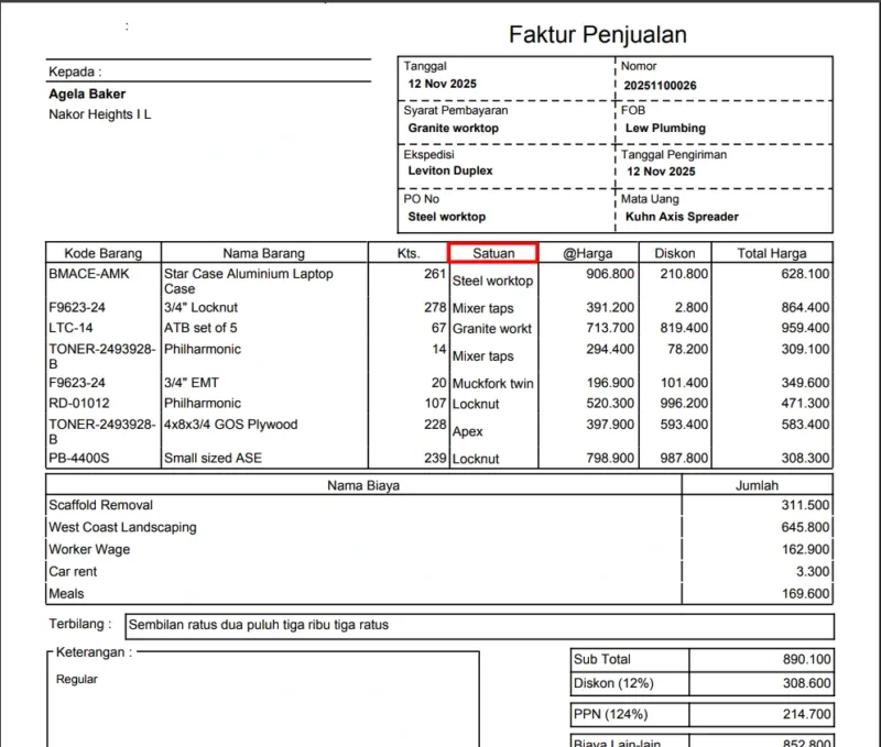 Menampilkan Barang Satuan pada Desain Faktur Penjualan
